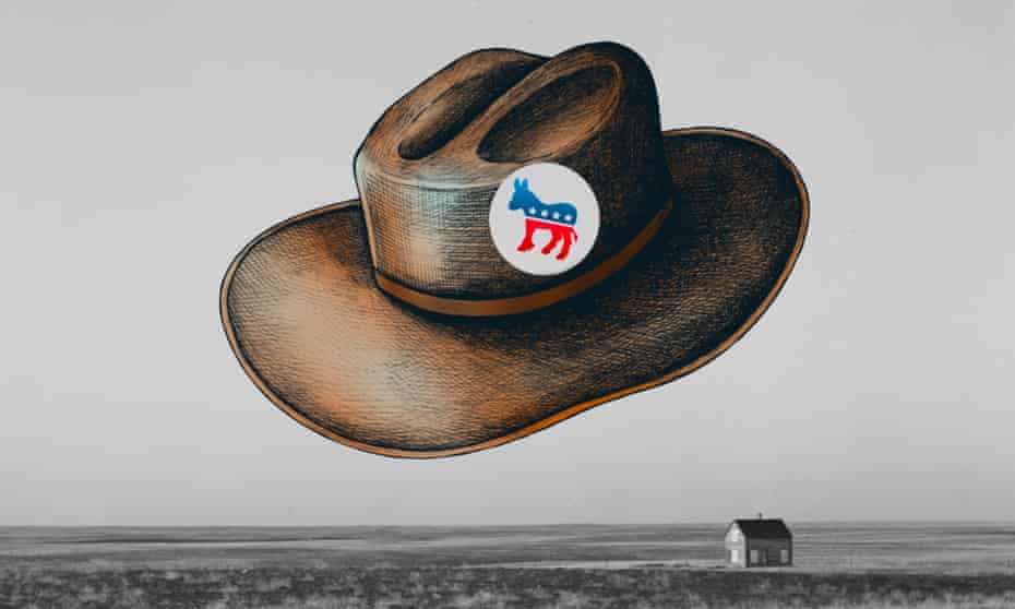 drawing of cowboy hat with democratic party donkey logo pin on it, over a house in a field
