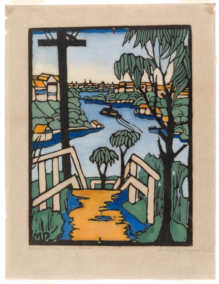 A woodblock print of a harbour scene