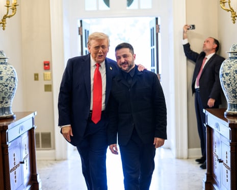 President Donald Trump greets President Volodymyr Zelenskyy of Ukraine at the West Wing Lobby entrance of the White House.