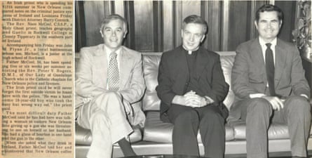A newspaper article as well as a photo of Naos McCool, a Spiritan priest from Ireland, in black and in the clerical collar, in 1978. To the left (McCool’s right) is the New Orleans district attorney at the time, Harry Connick Sr, a renowned local Catholic of Irish descent.