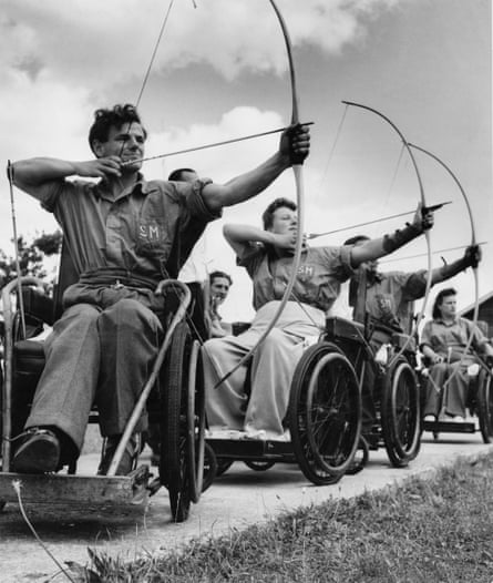An archery class at the Ministry of Pensions Spinal Centre at Stoke Mandeville Hospital, Buckinghamshire, UK, 1949