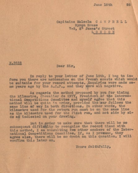 A letter from Colonel Péron, who was the general secretary of the Association Internationale des Automobile Clubs Reconnus, to Malcolm Campbell, regarding locations for his land speed record attempt