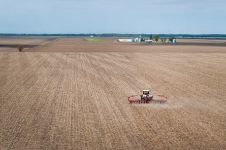 aerial view of a tractor on a farm