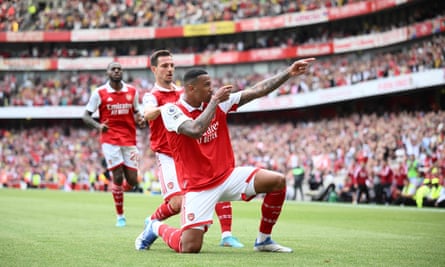 Arsenal’s Gabriel celebrates after scoring his team’s fourth goal