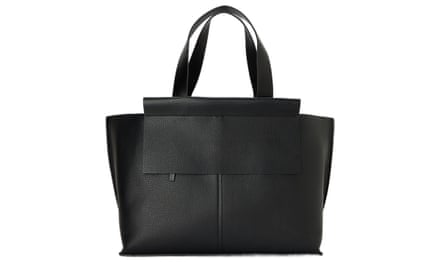A black leather tote bag