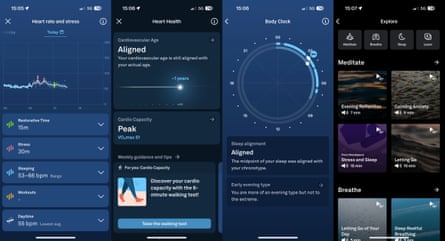 Screenshots from the Oura app showing heart health, chronotype and guided meditation.