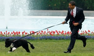 Back when: Potus Obama runs on the south lawn of the White House with a young Bo in 2009, before the ACA became his signature legislative achievement.