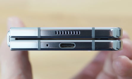 The USB-C port of the Samsung Galaxy Z Fold 5, viewed with the phone end-on