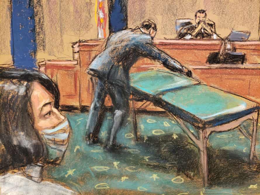 An artist sketch shows Ghislaine Maxwell looking on as a man unfolds a green massage table in court.