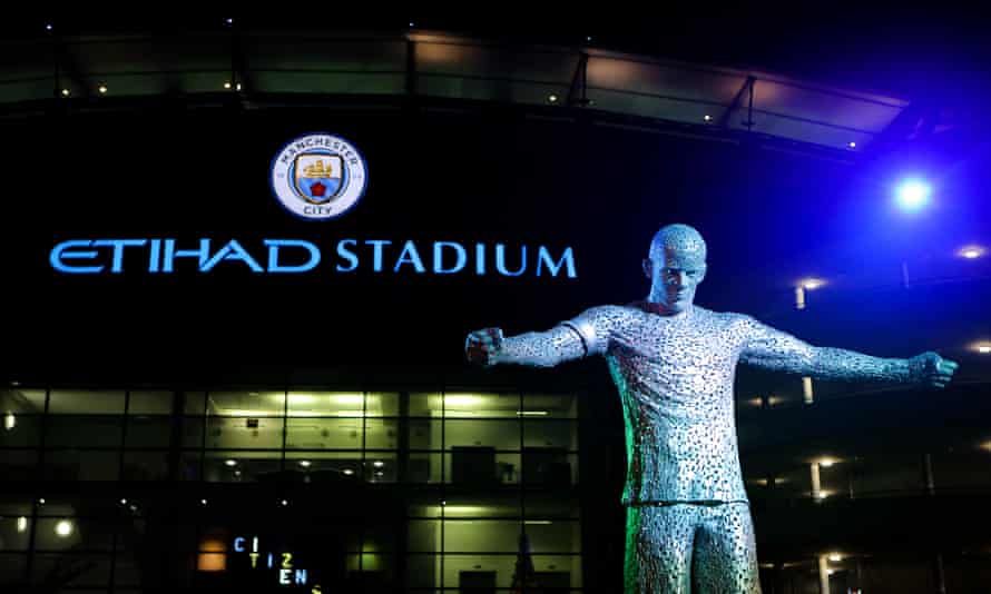 A statue of Vincent Company, a former Manchester City captain, outside Etihad Stadium.