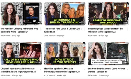 A screenshot of a young white woman’s YouTube page featuring videos about Katy Perry’s space mission, the Minecraft movie, and Chappell Roan