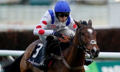 Harry Cobden rides Hermes Allen clear to win the Ballymore Novice Hurdle at Cheltenham