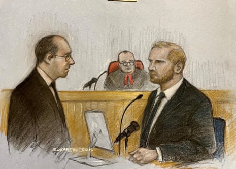 Prince Harry (right) being questioned by Antony White KC as he gives evidence on day three of the trial over allegations of unlawful information gathering brought against Associated Newspapers Limited.