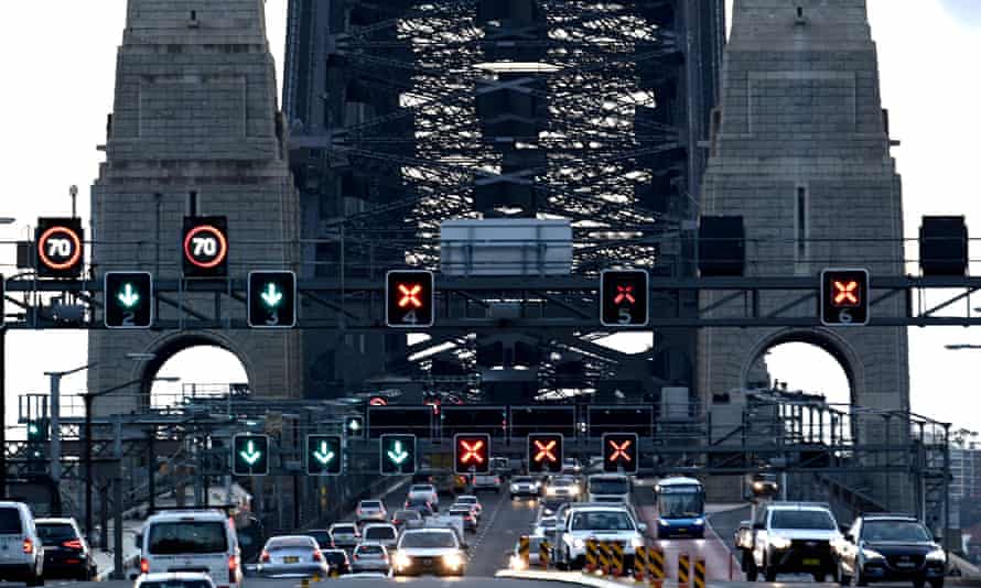 Early morning traffic on the Harbour Bridge in Sydney.