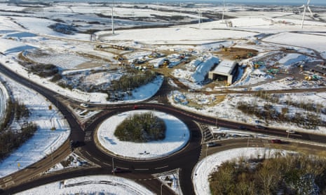 Snow on the ground at the Carland Cross A30/A39 junction in Truro, Cornwall.