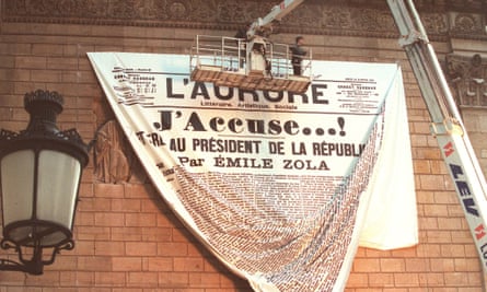 Mock-up of the front page of l’Aurore newspaper is hung on a wall of the National Assembly in Paris. 10 January 1999.