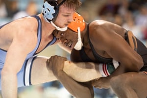The UNC redshirt senior AC Headlee and the Princeton sophomore Quincy Monday wrestle in weight class 157 on 11 January 2020 in Carmichael Arena. No 17 UNC defeated No 12 Princeton by 25-11