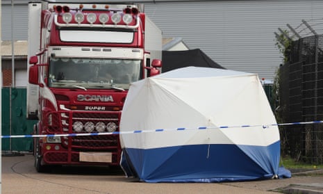 Container lorry in Grays, Essex, in which 39 bodies were found, and a forensic tent.