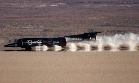Thrust SSC in the Black Rock Desert, Nevada, . during its only complete run of the day. It hit an average speed of 553.9 miles per hour. The British team is competing with the American Spirit of America team in the Nevada desert north of Reno in an attempt to set a new world land speed record. The record is 633.47 mph, a mark set here nearly 14-years-ago. (AP Photo/Reno Gazette-Journal, David B. Parker) LAND_SPEED_8R1.JPG