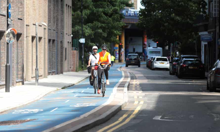 Cyclists on a bike lane in east London in August