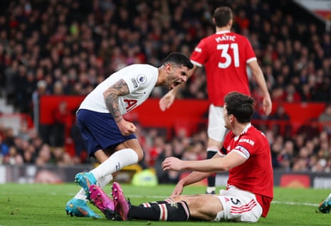 Cristian Romero of Tottenham Hotspur reacts after an own goal by Harry Maguire of Manchester United.
