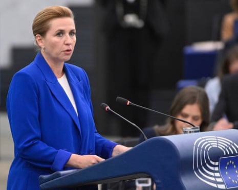 Denmark's prime minister Mette Frederiksen delivers her speech in Strasbourg.
