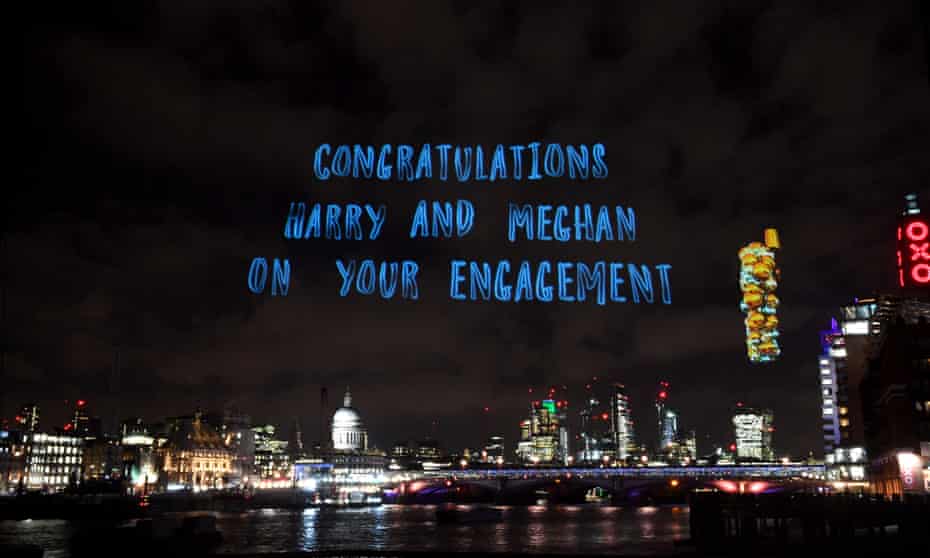 A hologram in the sky last week above London’s South Bank congratulating Prince Harry and Meghan Markle.