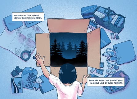 Viewed from above, a young person looking into a large cardboard box, which is a scene of ‘a cold land of black forests.’
