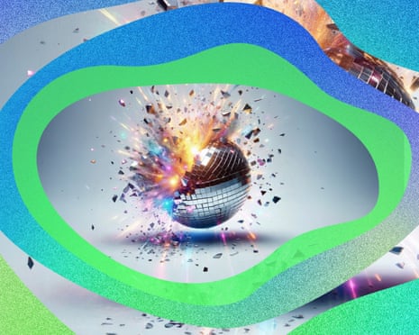 A mirrored disco ball explodes into fragments and colorful light, framed by wavy blue and green shapes