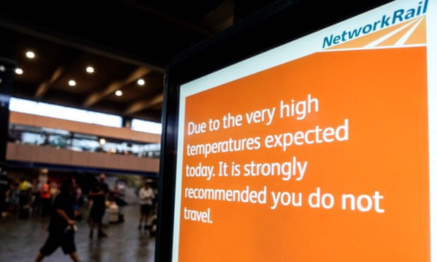Network Rail sign warning of extreme weather on 19 July 2022.