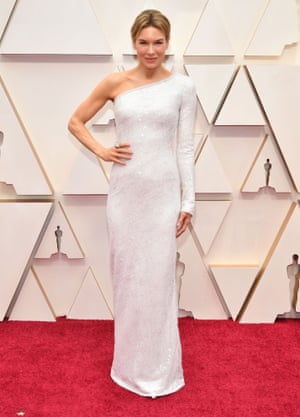 Renée Zellweger in custom-made Armani Prive. Asymmetrical white was a trend on the red carpet.