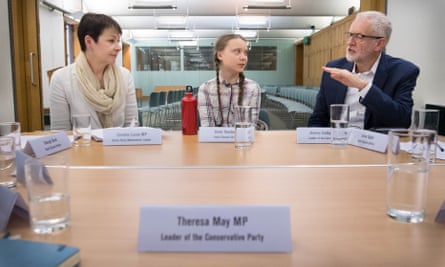 Caroline Lucas, Greta Thunberg and Jeremy Corbyn meet in the House of Commons