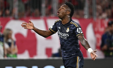 Vinícius Júnior celebrates the first of his two goals at Bayern Munich