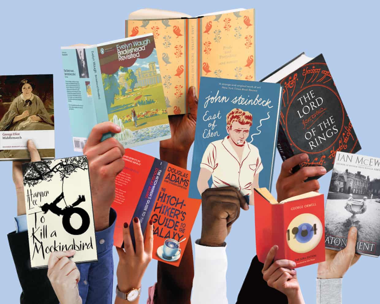 Multiple hands hold up various classic novels including Pride and Prejudice, East of Eden, and Brideshead Revisited