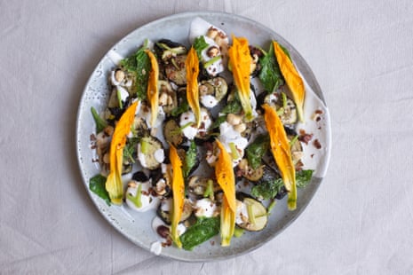 Tom Hunt’s barbecued courgettes with yoghurt.
