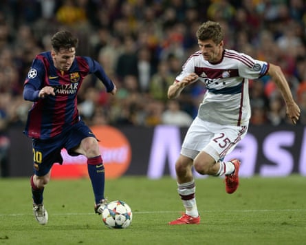 Barcelona’s Lionel Messi (L) vies with Bayern Munich’s forward Thomas Müller during the first leg of their Champions League semi-final in 2015.