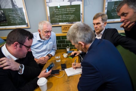 Jeremy Corbyn with part of labour team at a cafe in Glasgow city centre, 23 August