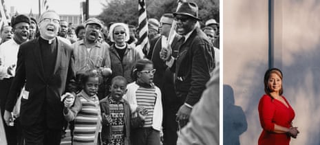 Left: The Rev Ralph Abernathy and Juanita Abernathy with Dr and Mrs Martin Luther King and the Abernathy children. Donzaleigh Abernathy is in the front row of children on the left. Right: Donzaleigh Abernathy, now 62.