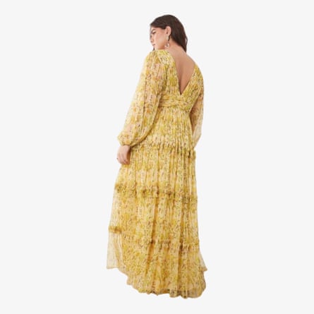 Asos Lace & Beads Plus Lydia tulle balloon sleeve plunge neck tiered maxidress in yellow floral