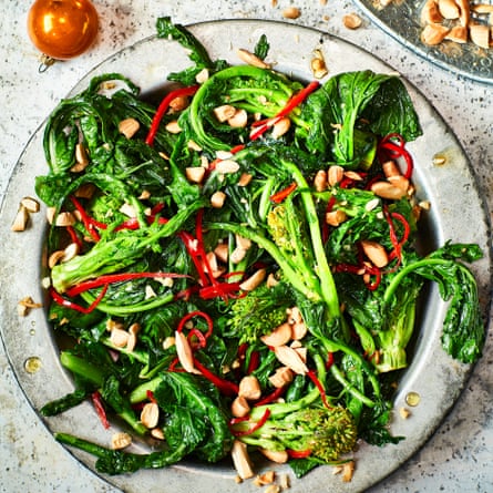 Turnip tops with garlic, chilli and almond.