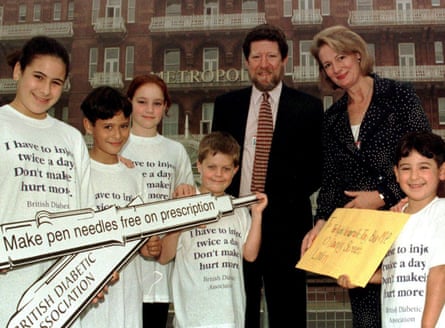 Pickthall with the then health minister, Lady Jay, campaigning for pen needles on prescription, 2000