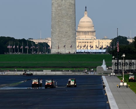 Work continues on the empty Reflecting Pool at the Lincoln Memorial on 15 August, after Trump ordered the pool to be drained for repairs. The project faced a series of setbacks, including algal blooms and shoddy restoration work.
