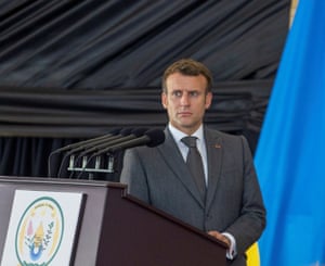 Emmanuel Macron speaks during a visit to Kigali, Rwanda.