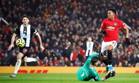 Anthony Martial scores his second goal and Manchester United’s fourth in the win over Newcastle United at Old Trafford.