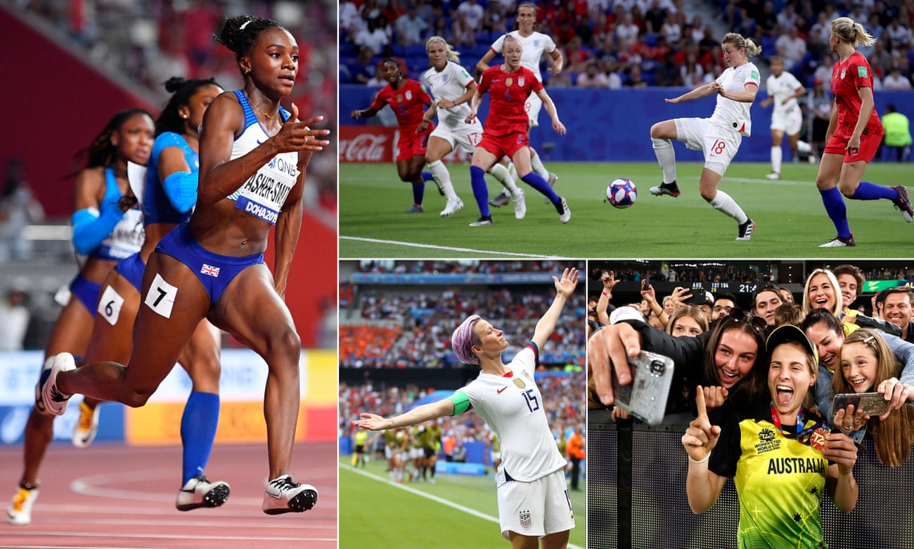 Dina Asher-Smith on her way to 200m gold in Doha; England’s Ellen White scores against USA at the 2019 Women’s World Cup; Sophie Molineux celebrates Australia’s T20 World Cup triumph; and Megan Rapinoe of USA strikes a pose as she celebrates in the 2019 Women’s World Cup final.