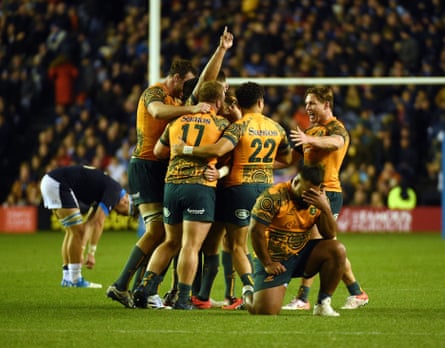 The Wallabies celebrate their win over Scotland at Murrayfield.