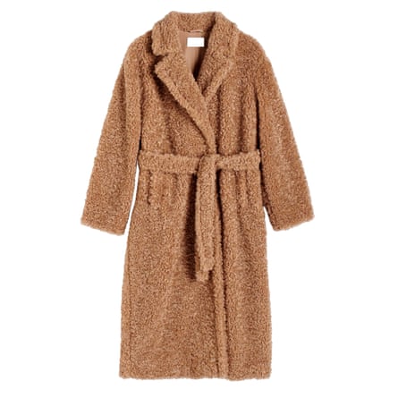 A long, fluffy camel trenchcoat