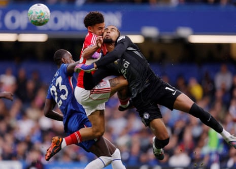 Robert Sanchez and Morgan Gibbs-White clash heads.