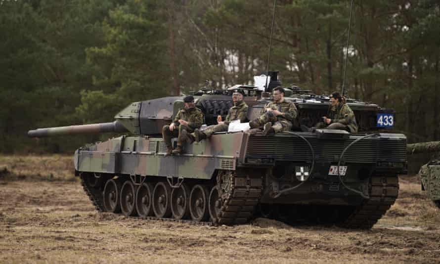 A Leopard 2 A7V battle tank from Bundeswehr training battalion 93 seen during an exercise at the training area in Munster, Germany.