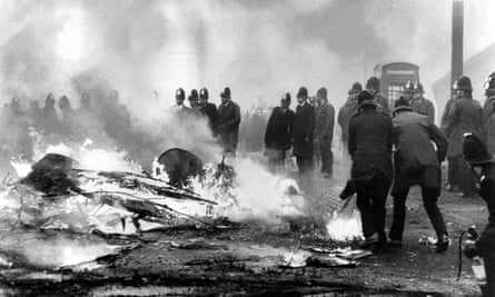 A blazing barricade lit during the miner’s strikes near Whittle Colliery 8 November 1984